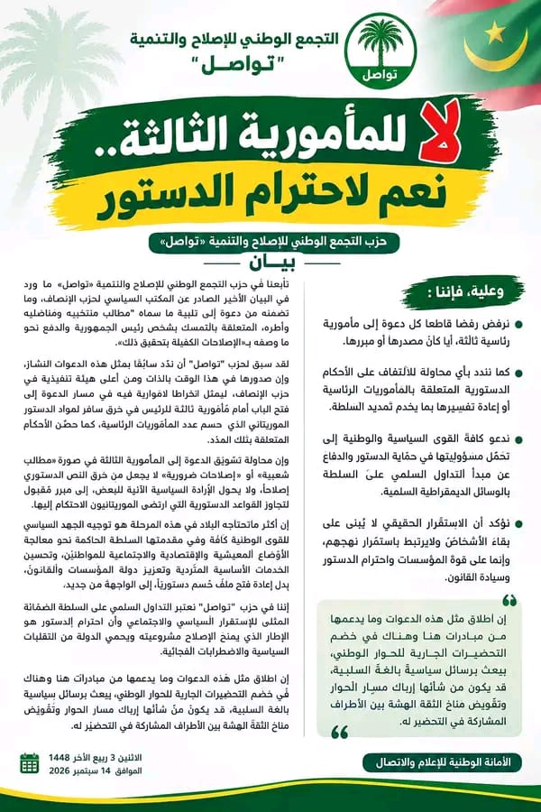 حزب "تواصل" يستنكر دعوات حزب الانثاف لمأمورية ثالثة ويقو إنها تقوض ميار الحوار